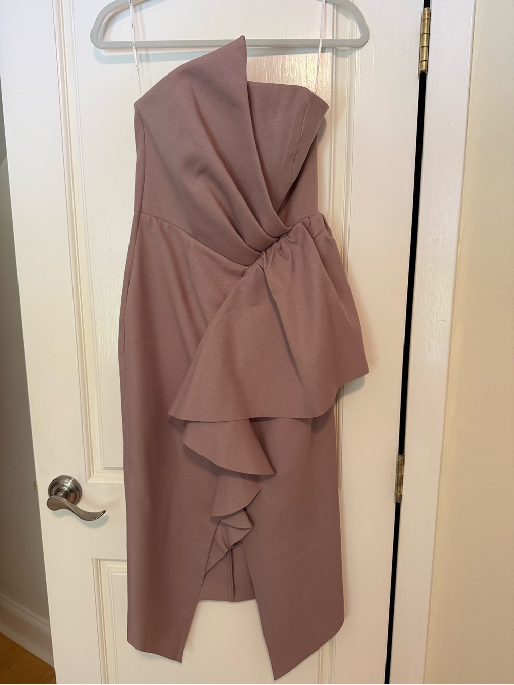 Elliatt Strapless Draped Ruffle Midi Dress in Dusty Rose